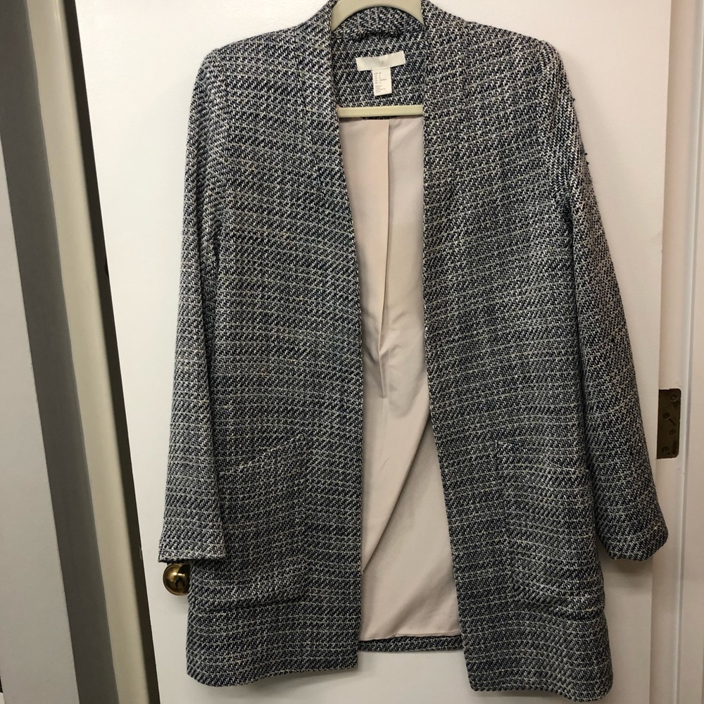 H&M Blue, White, and Gold, Collarless Tweed Long Jacket - Size 6